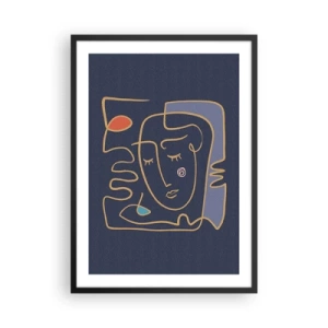 Poster in black frame - Minimalist abstract face on a navy blue background in line art style - 50x70cm - Deeply In Thoughts - Modern wall decoration for the living room and bedroom ARTTOR