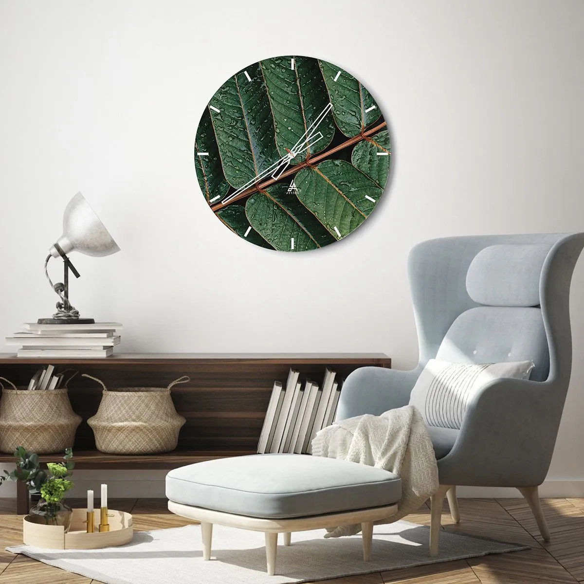 Wall clock - Clock on glass - Close-up of leaves with water drops on a dark background - 30x30cm - In Green Rhythm - Modern wall decoration for the living room, kitchen, and bedroom ARTTOR