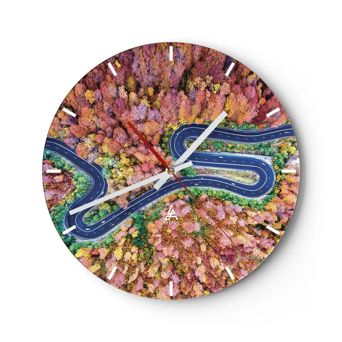 Wall clock - Clock on glass - A winding road through the autumn forest - 30x30cm - Winding Path through a Forest - Modern wall decoration for the living room, kitchen, and bedroom ARTTOR