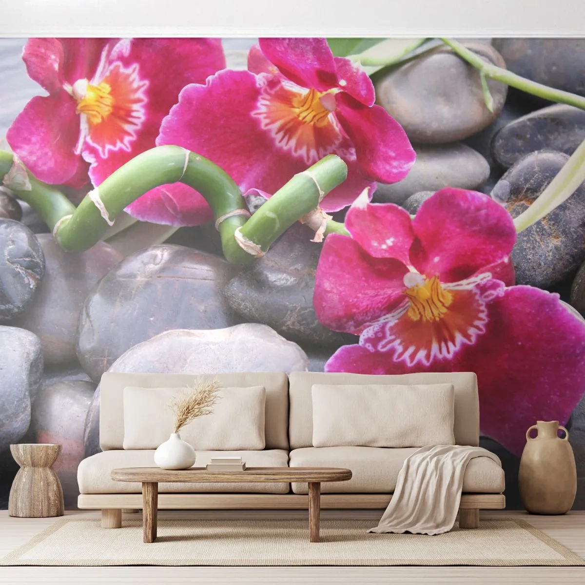 Photo Wallpaper Premium Canvas - Coolness and Heat - Flowers, Stones, Orchid - 450x315 cm