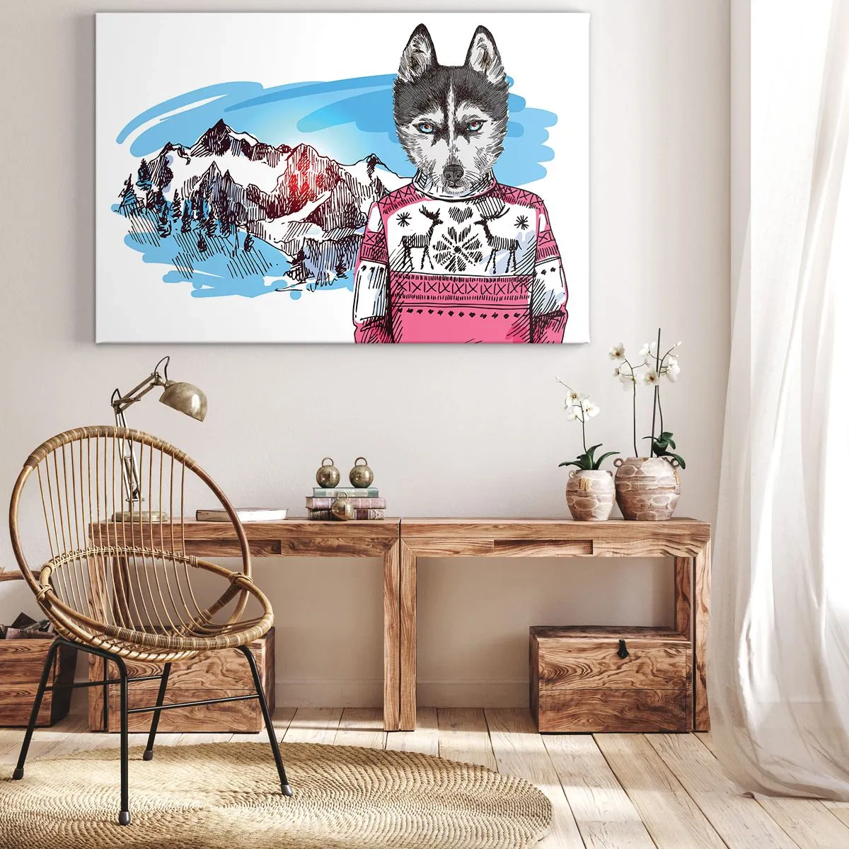 Canvas picture - A wolf in a winter sweater against a mountain landscape - 70x50cm - Wolf in Sheep's Skin - Modern wall decoration for the living room and bedroom ARTTOR