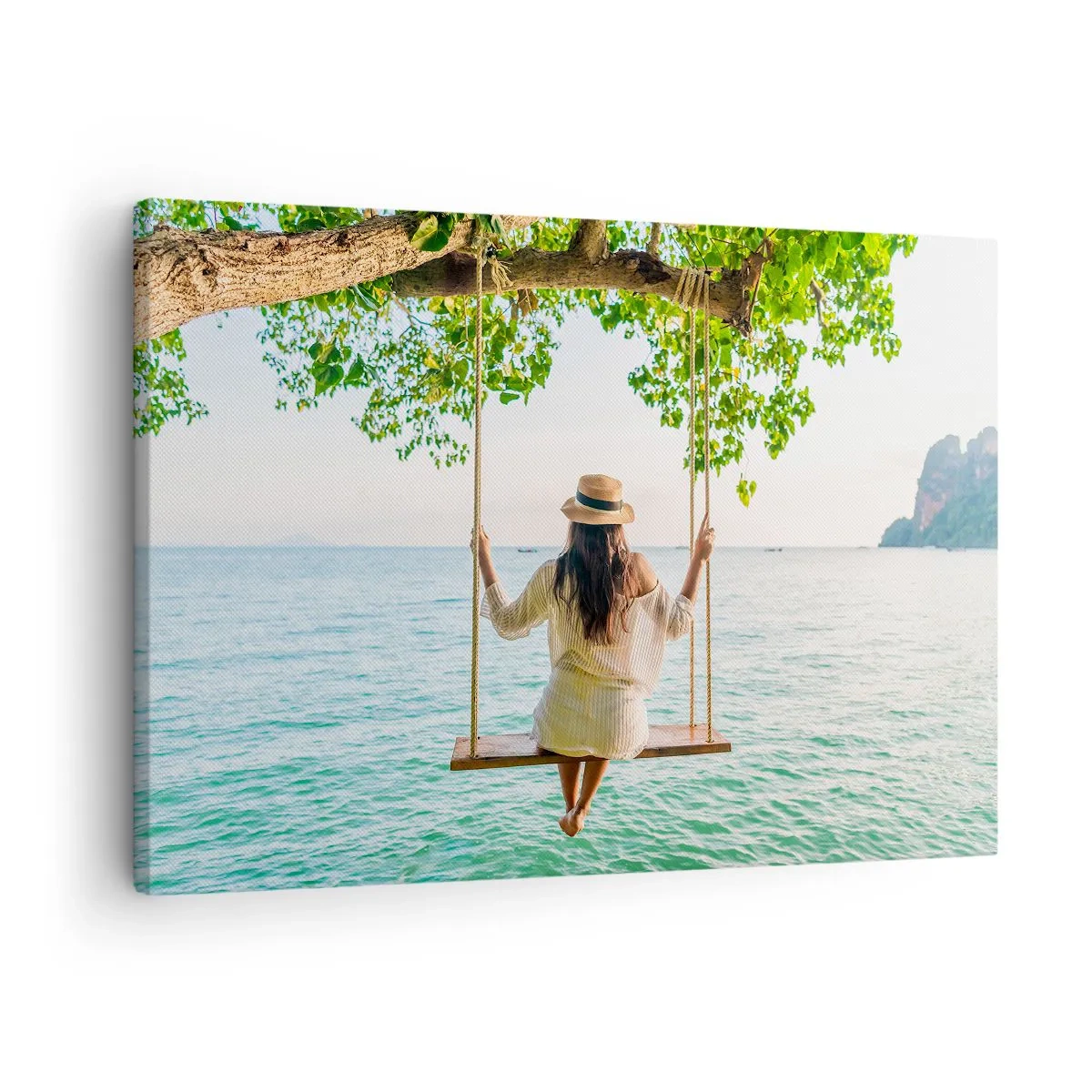 Canvas picture - Woman on a swing by the sea in a tropical landscape - 70x50cm - Life Is Beautiful - Modern wall decoration for the living room and bedroom ARTTOR