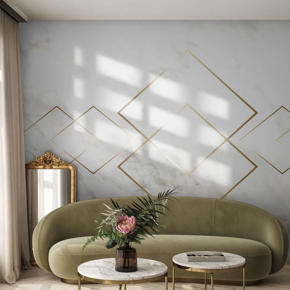 Photo Wallpaper Standard Eco - White marble background with gold geometric patterns - 100x70cm - View over Infinity - Modern wall decoration for the living room and bedroom ARTTOR