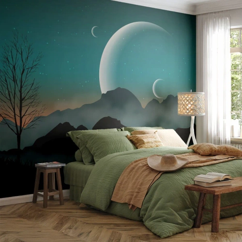 Photo Wallpaper Standard Eco - fantastic landscape with moons over a mountain landscape - 100x70cm - Carnival of a Starry Night - Modern wall decoration for the living room and bedroom ARTTOR