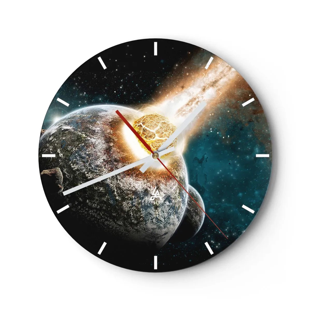 Wall clock - Clock on glass - Earth and meteorite in cosmic explosion - 30x30cm - Demise or Birth? - Modern wall decoration for the living room, kitchen, and bedroom ARTTOR