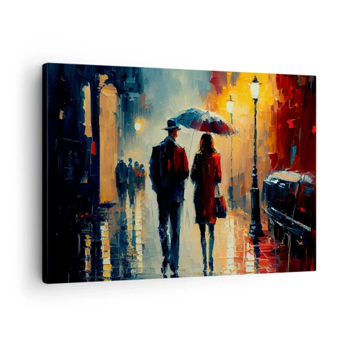 Canvas picture - Walking in the rain under an umbrella in the city at night - 70x50cm - Urban Love Story - Modern wall decoration for the living room and bedroom ARTTOR