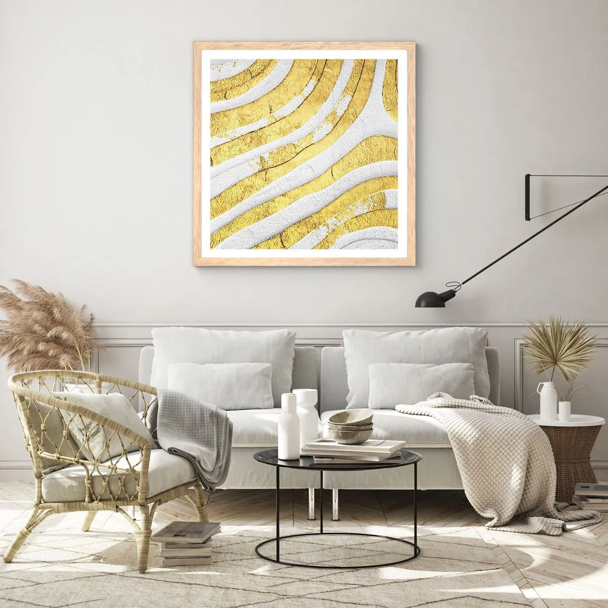 Poster in light oak frame - Composition in White and Gold - 50x50 cm
