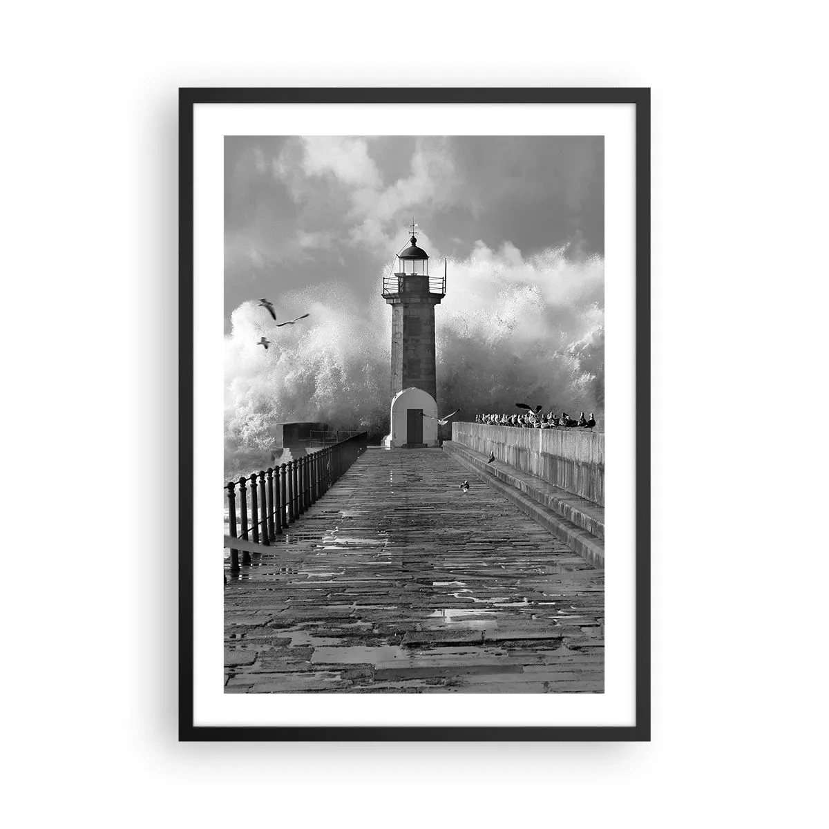Poster in black frame - A black and white lighthouse surrounded by waves - 50x70cm - Fearless - Modern wall decoration for the living room and bedroom ARTTOR