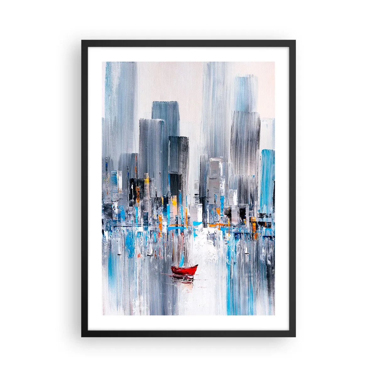 Poster in black frame - An abstract painting depicting a city skyline over water with a red boat. - 50x70cm - Metropolis by the Bay - Modern wall decoration for the living room and bedroom ARTTOR
