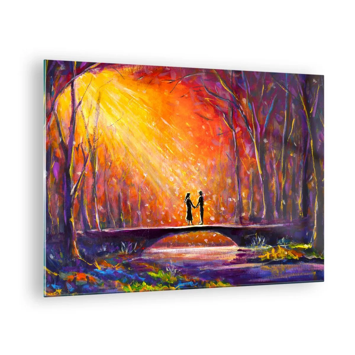 Glass picture - A couple on a bridge in the light of the setting sun, surrounded by trees. - 70x50cm - Heaven Loves Them Too - Modern wall decoration for the living room and bedroom ARTTOR
