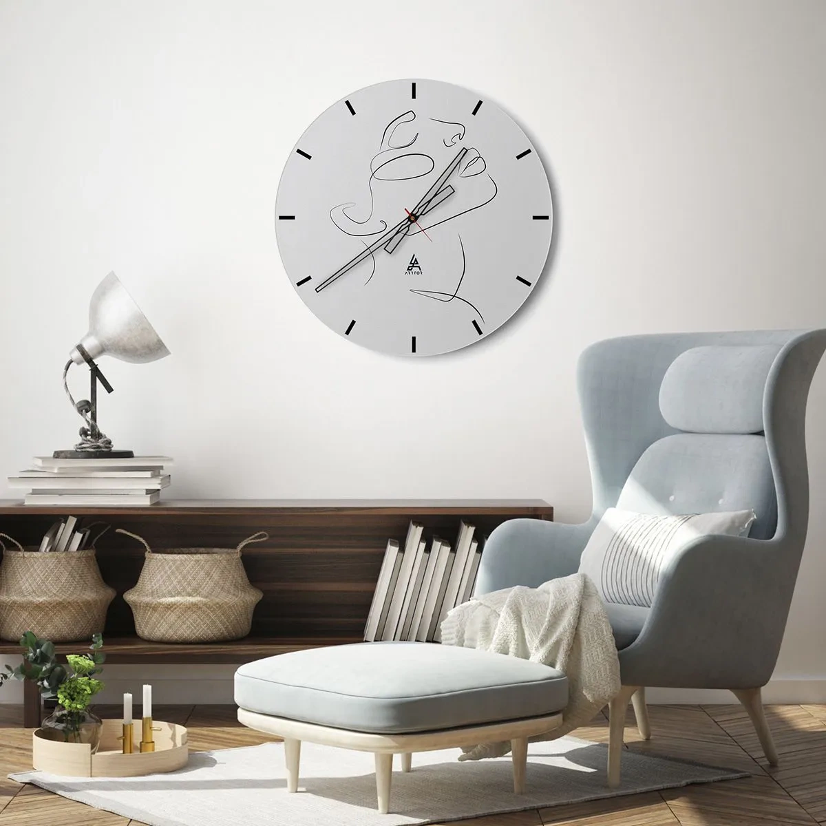 Wall clock - Clock on glass - A minimalist portrait of a woman made with lines on a white background. - 30x30cm - Meanders of a Dream - Modern wall decoration for the living room, kitchen, and bedroom ARTTOR