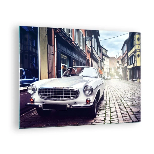 Glass picture - A white classic car against a backdrop of historic buildings - 70x50cm - The Past Is Today - Modern wall decoration for the living room and bedroom ARTTOR