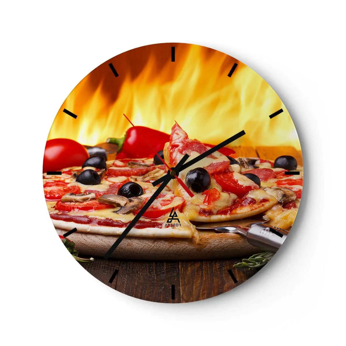 Wall clock - Clock on glass - Pizza with olives and tomatoes on a fire - 30x30cm - From Italy with Love - Modern wall decoration for the living room, kitchen, and bedroom ARTTOR
