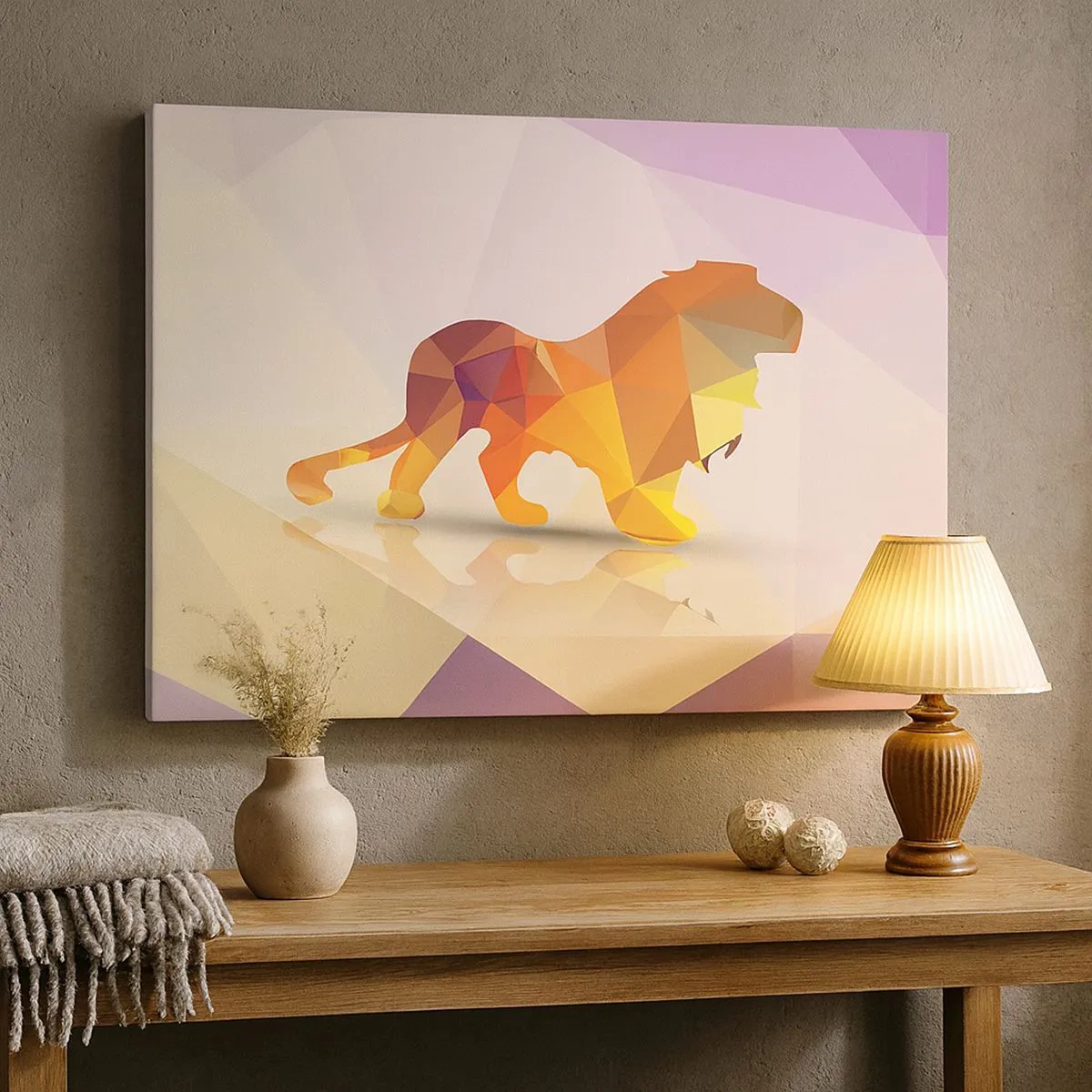 Canvas picture - Geometric silhouette of a lion in shades of yellow and orange - 70x50cm - Diamond King - Modern wall decoration for the living room and bedroom ARTTOR