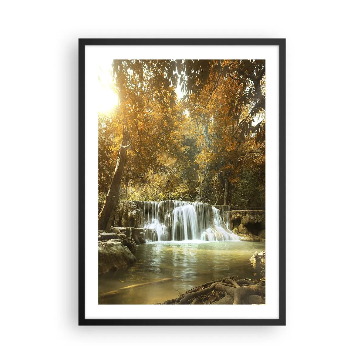 Poster in black frame - Autumn waterfall in the sunlight - 50x70cm - Park Cascade - Modern wall decoration for the living room and bedroom ARTTOR