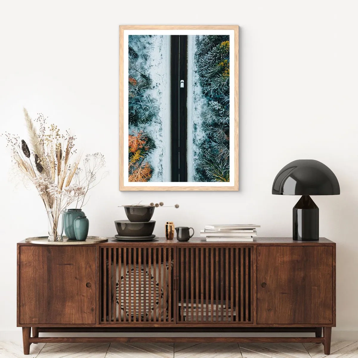 Poster in light oak frame - Through a Wintery Forest - 61x91 cm