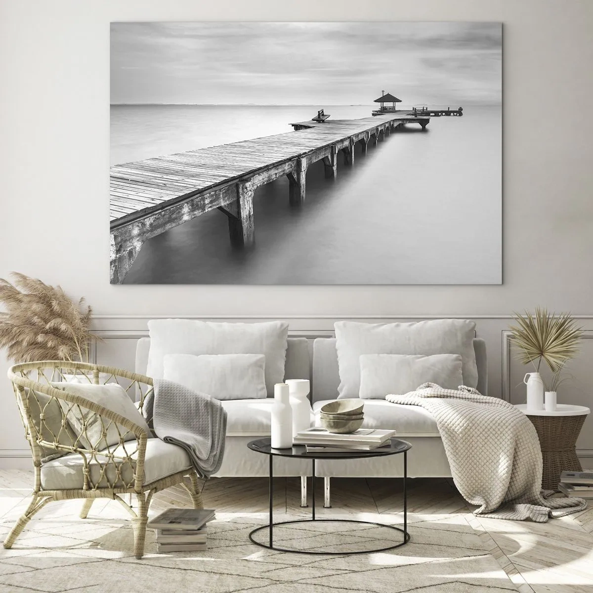 Glass picture - Wooden pier in black and white overlooking the lake - 70x50cm - Into the Distance - Modern wall decoration for the living room and bedroom ARTTOR