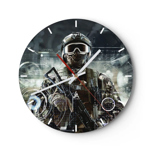 Wall clock - Clock on glass - The figure of a soldier in modern equipment against the background of technological graphics - 30x30cm - Power Squared - Modern wall decoration for the living room, kitchen, and bedroom ARTTOR