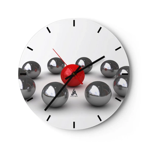 Wall clock - Clock on glass - Red and silver balls on a white background, a minimalist pattern - 30x30cm - Circle in Silver and Red - Modern wall decoration for the living room, kitchen, and bedroom ARTTOR