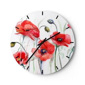 Wall clock - Clock on glass - A clock face with a watercolor motif of red poppies on a white background. - 30x30cm - Polish Flowers - Modern wall decoration for the living room, kitchen, and bedroom ARTTOR