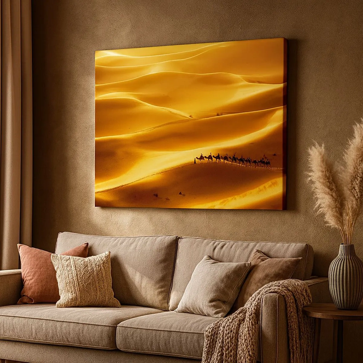 Canvas picture - A caravan of camels wandering through the golden dunes of the desert. - 70x50cm - Caravan on the Waves of a Desert - Modern wall decoration for the living room and bedroom ARTTOR