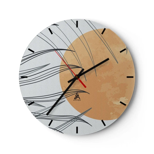Wall clock - Clock on glass - Graphic with an orange circle and grass lines on the background - 30x30cm - Always Towards the Sun - Modern wall decoration for the living room, kitchen, and bedroom ARTTOR