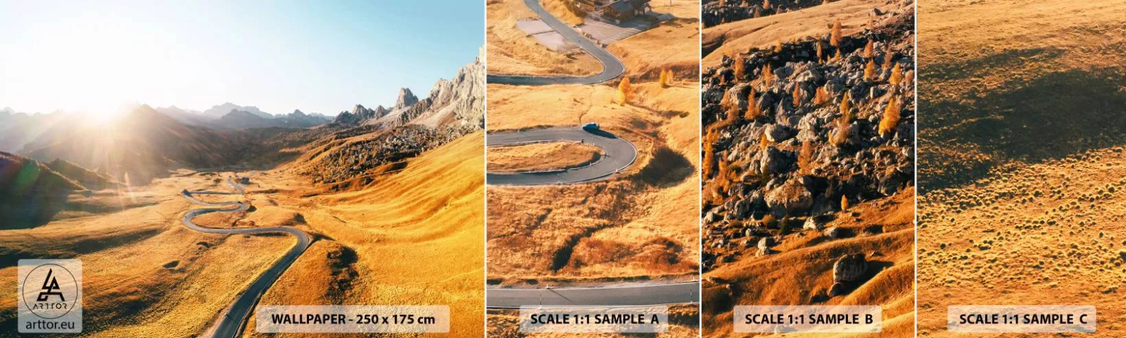 Photo Wallpaper Sample Self-Adhesive Deluxe Sticker - In a Golden Valley - Landscape, Mountains, Italy - 100x30 cm