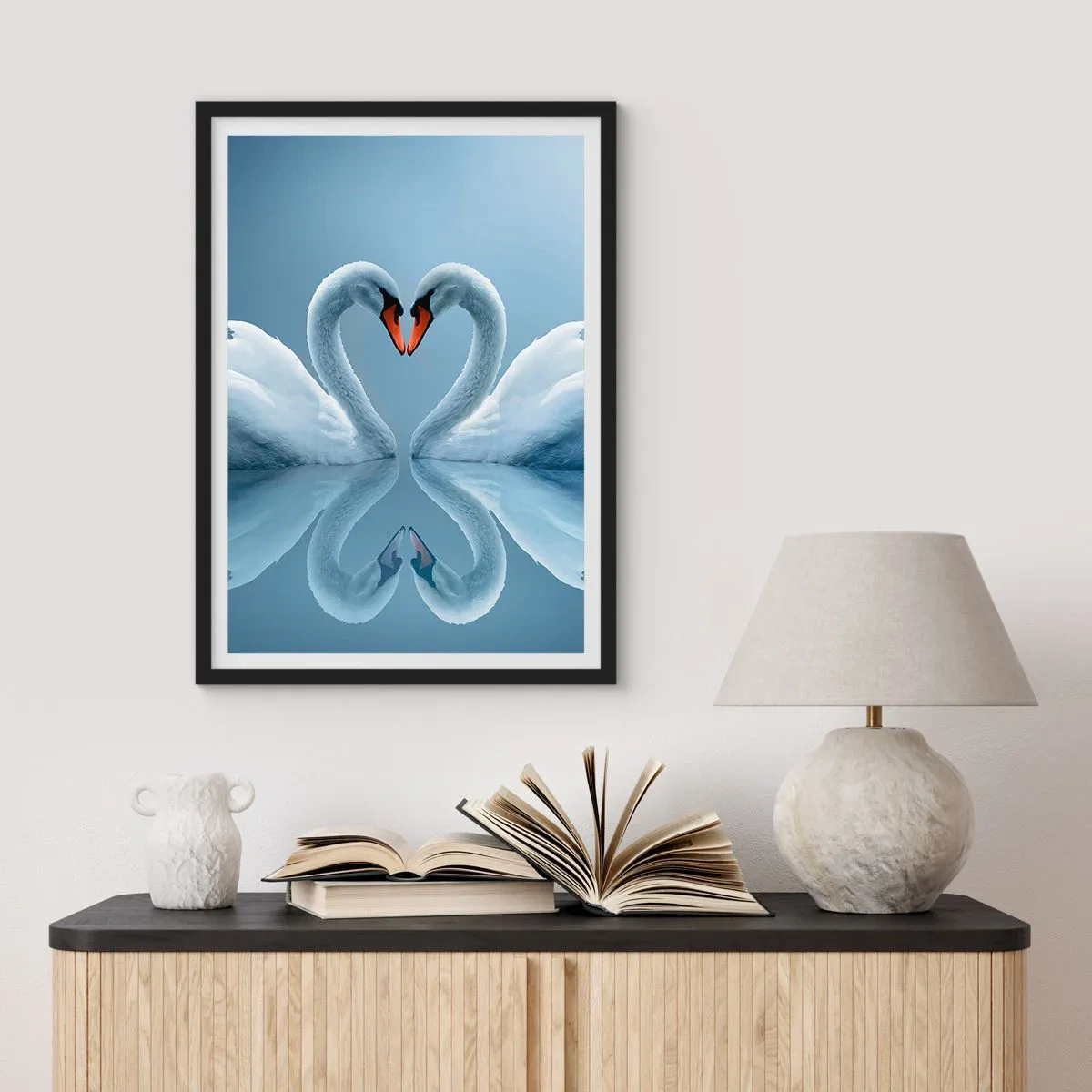 Poster in black frame - Heart-shaped swans against the sky - 50x70cm - Time for Love - Modern wall decoration for the living room and bedroom ARTTOR