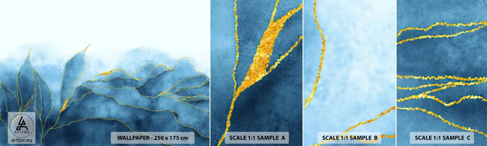 Photo Wallpaper Sample Standard Eco - Blue In Gold - Luxury, Glamour, Abstraction - 100x30 cm