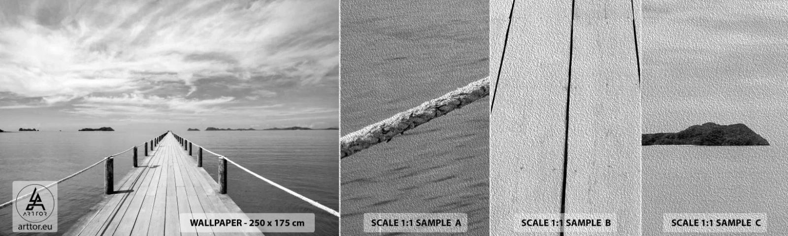 Photo Wallpaper Sample Premium Sand - Maybe a Trip… - Landscape, Sea, Wooden Bridge - 100x30 cm
