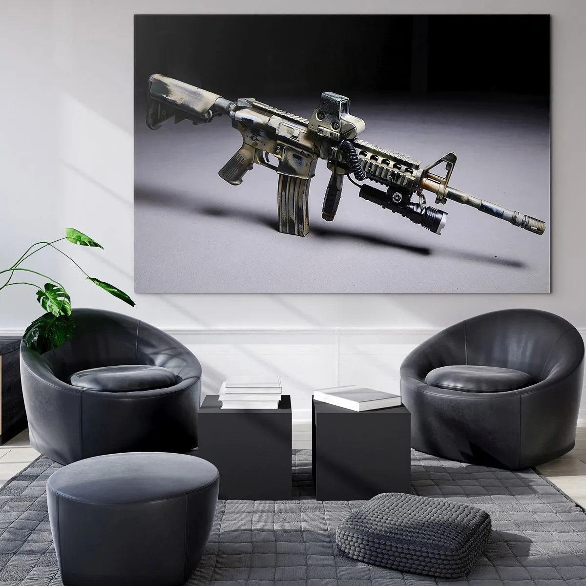 Glass picture - A modern rifle on a dark background with an industrial accent - 70x50cm - Always Fierce - Modern wall decoration for the living room and bedroom ARTTOR