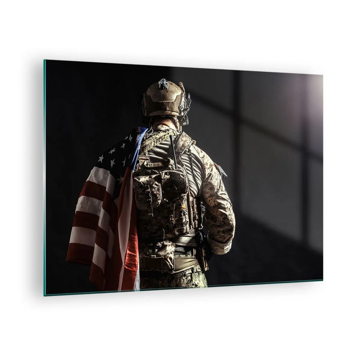Glass picture - A soldier with an American flag against a dark background - 70x50cm - That's Why - Modern wall decoration for the living room and bedroom ARTTOR
