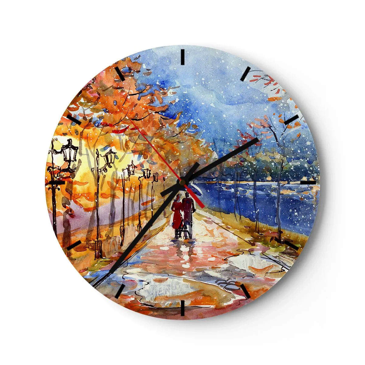 Wall clock - Clock on glass - Autumn park with an alley, lanterns and a couple walking - 30x30cm - Together to the Limit of Time  - Modern wall decoration for the living room, kitchen, and bedroom ARTTOR