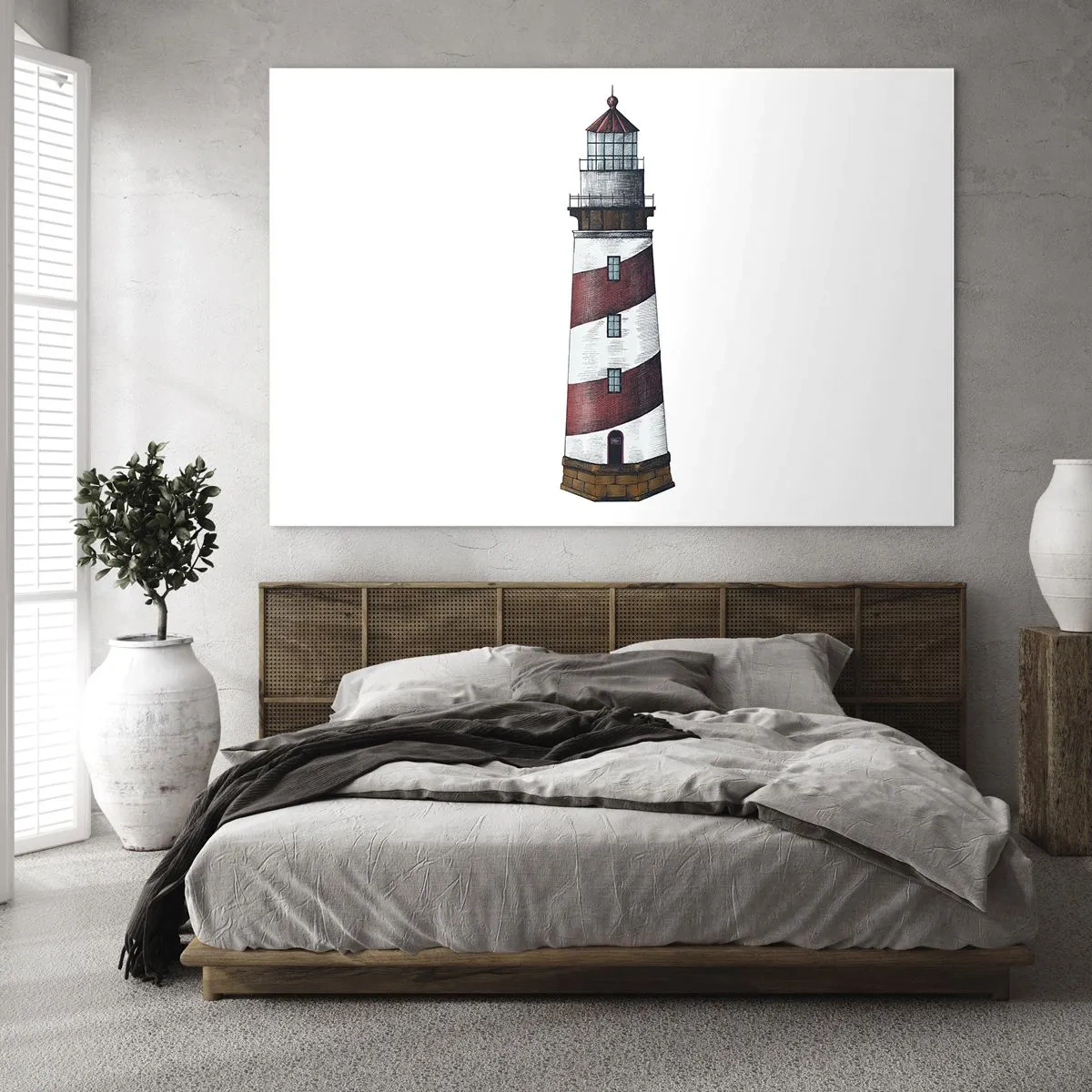 Glass picture - Red and white lighthouse on a white background - 70x50cm - Always on Guard - Modern wall decoration for the living room and bedroom ARTTOR