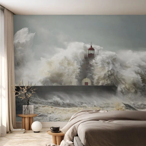 Photo Wallpaper Standard Eco - Rage of the Ocean - Landscape, Lighthouse, Storm - 300x210 cm