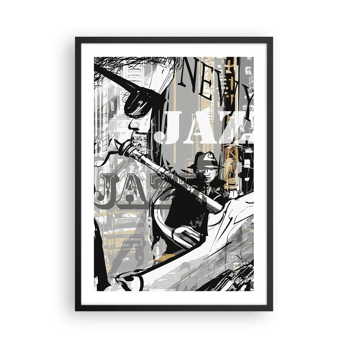 Poster in black frame - An artistic composition inspired by jazz - 50x70cm - In the Rhythm of New York - Modern wall decoration for the living room and bedroom ARTTOR