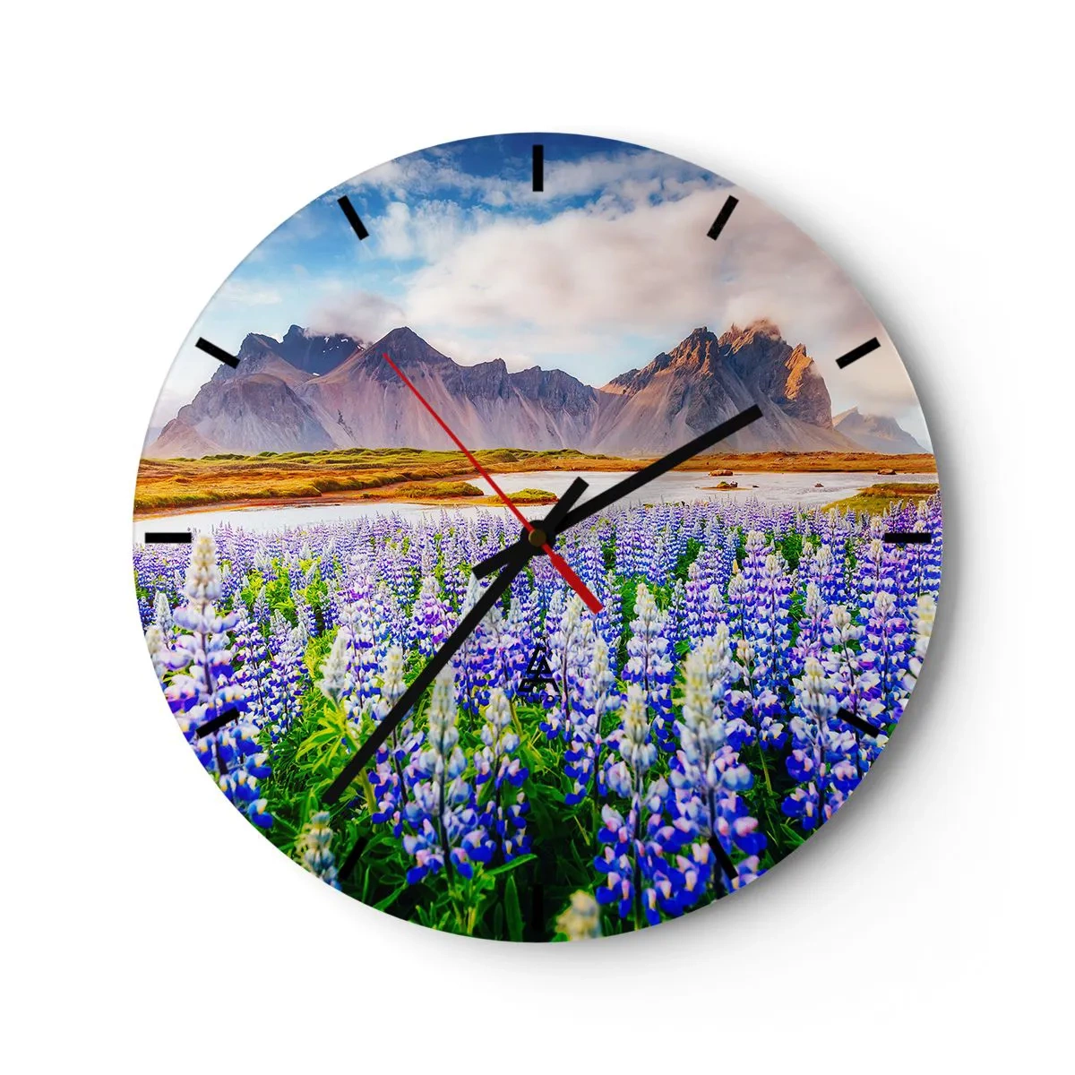 Wall clock - Clock on glass - Landscape with flower fields and mountains in the background - 30x30cm - Strength and Severity next to Sweetness - Modern wall decoration for the living room, kitchen, and bedroom ARTTOR