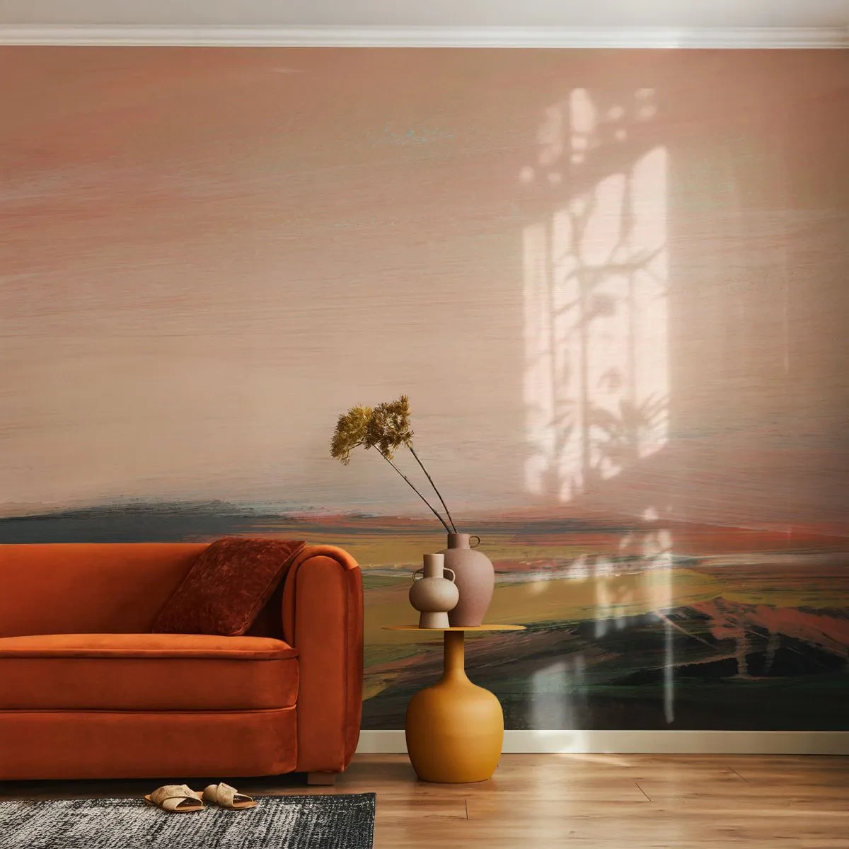 Photo Wallpaper Standard Eco - A picturesque panorama of fields in the light of the setting sun - 100x70cm - In Pink Tones - Modern wall decoration for the living room and bedroom ARTTOR