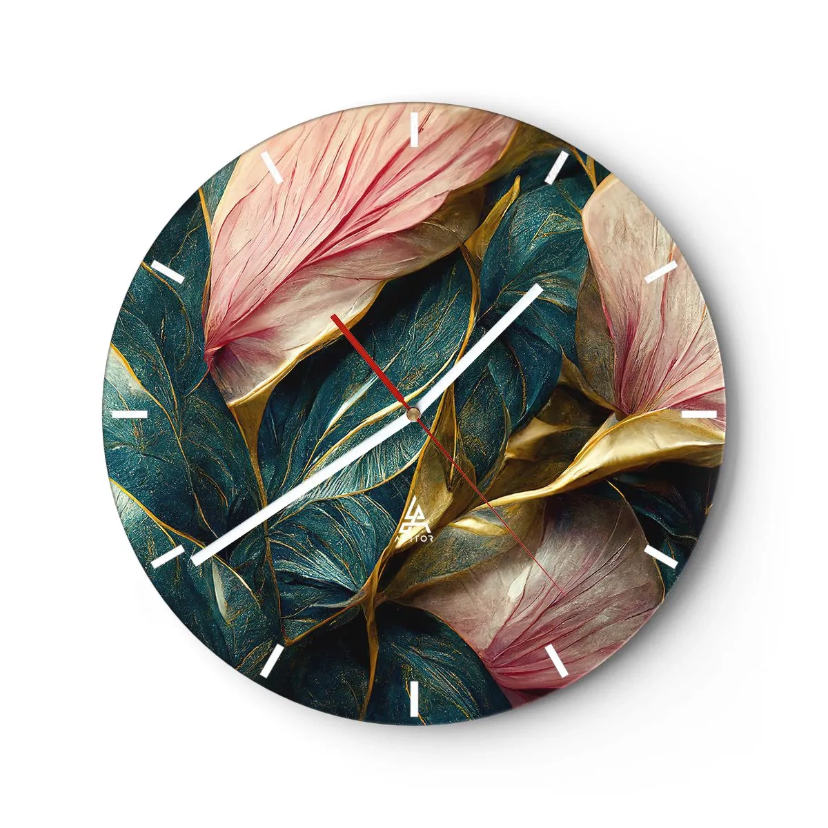 Wall clock - Clock on glass - Leaves in shades of green, gold and pink in an elegant form - 30x30cm - Natural Elegance and Style - Modern wall decoration for the living room, kitchen, and bedroom ARTTOR