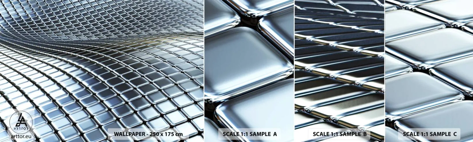 Photo Wallpaper Sample Self-Adhesive Deluxe Sticker - Metallic Silver Wave - Abstraction, Graphics, Piece - 100x30 cm