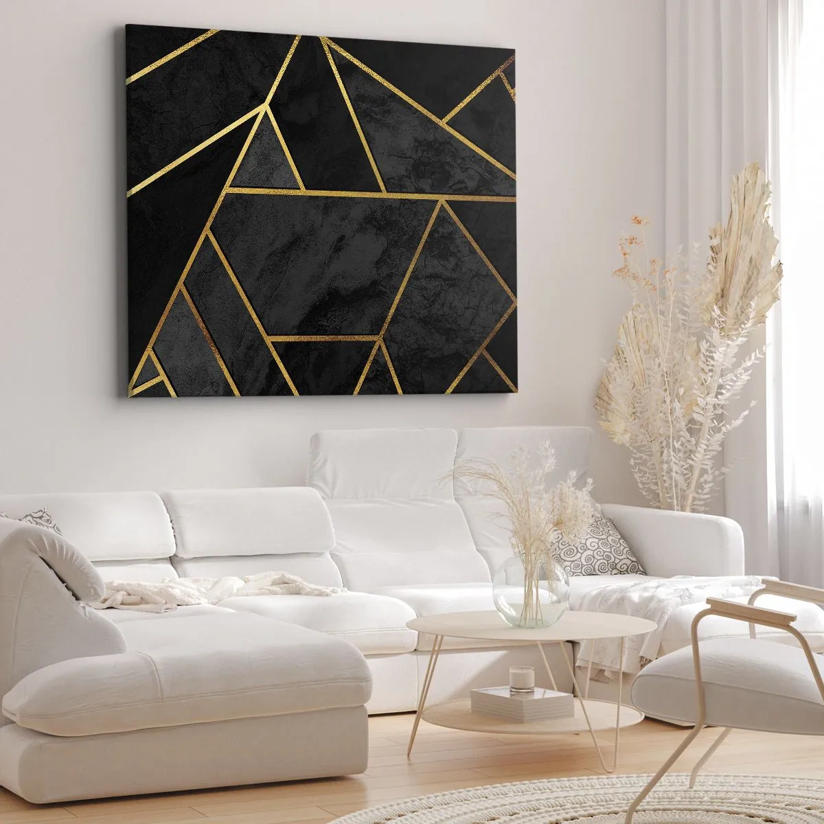 Canvas picture - Geometric gold pattern on a black background - 70x50cm - Darkness and Brighness - Modern wall decoration for the living room and bedroom ARTTOR
