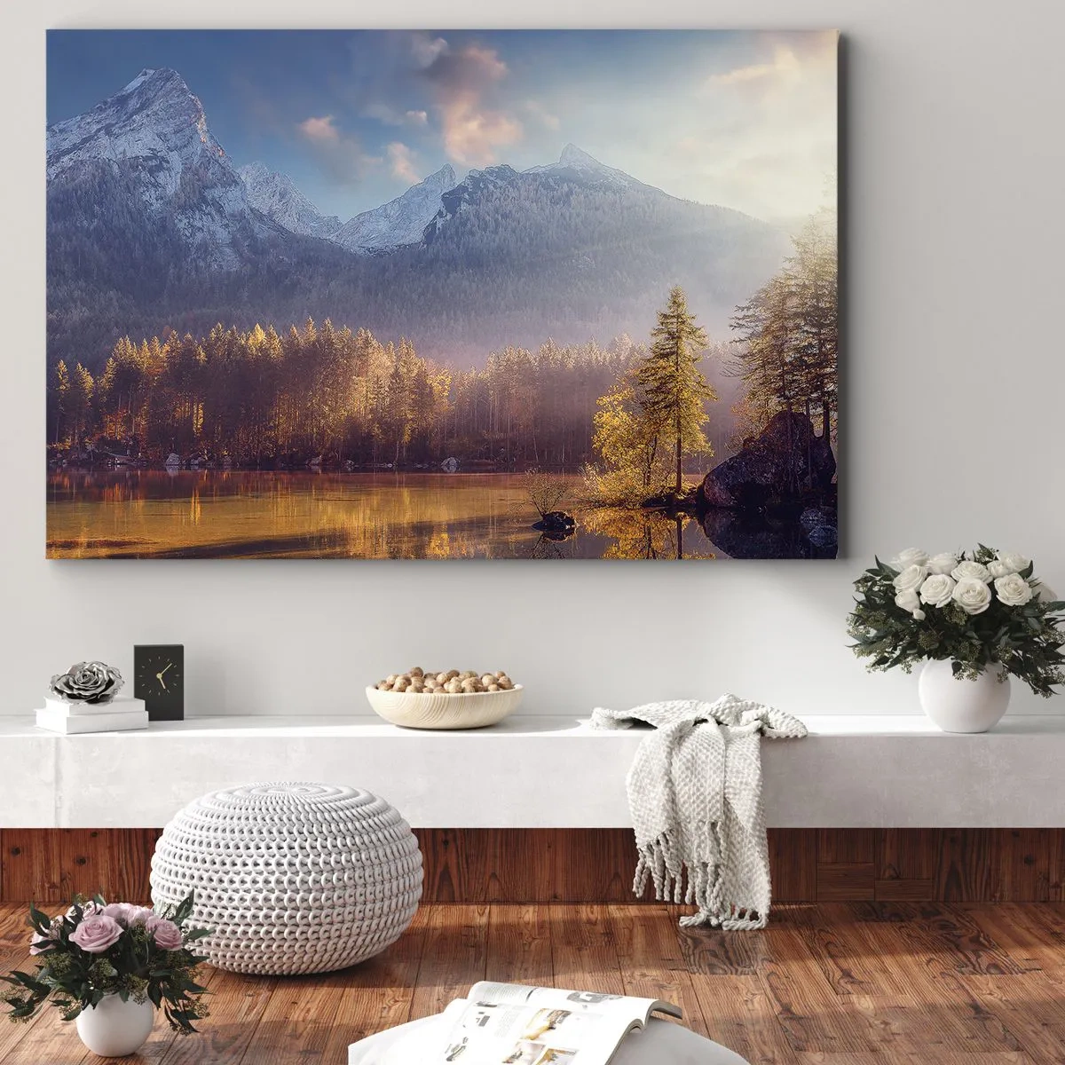 Canvas picture - Picturesque view of the mountain forest and lake at dawn - 70x50cm - In the Mountains and Valleys - Modern wall decoration for the living room and bedroom ARTTOR