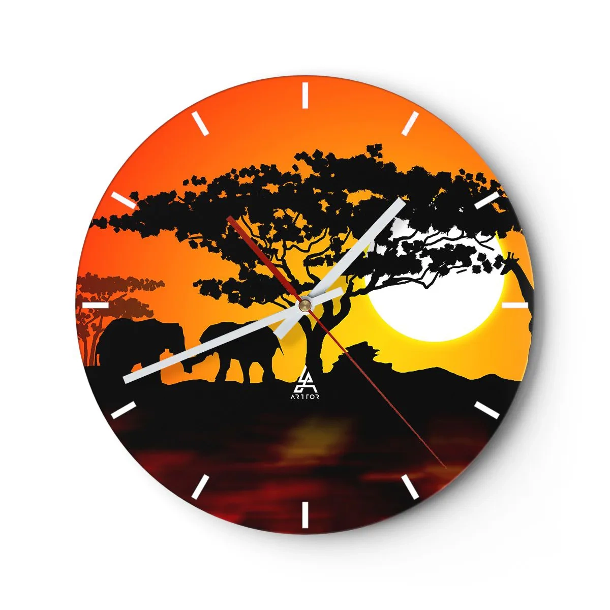 Wall clock - Clock on glass - African landscape with silhouettes of trees and animals at sunset - 30x30cm - Encounter on a Savannah - Modern wall decoration for the living room, kitchen, and bedroom ARTTOR