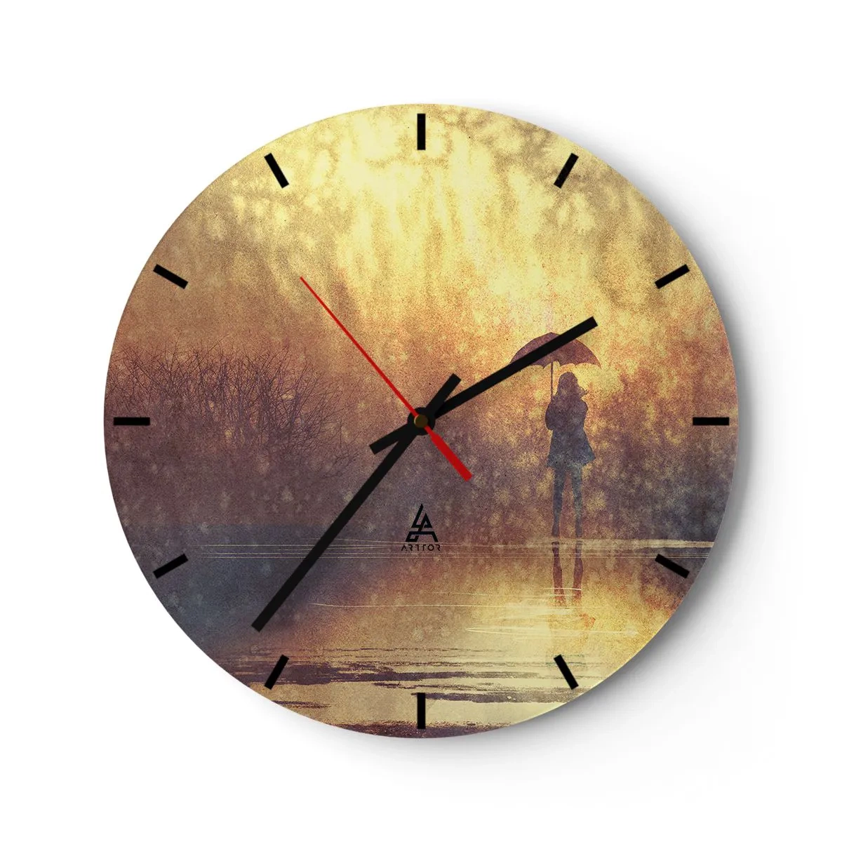Wall clock - Clock on glass - A figure with an umbrella against the background of rain and warm light - 30x30cm - I Think Someone Is Watching Me - Modern wall decoration for the living room, kitchen, and bedroom ARTTOR