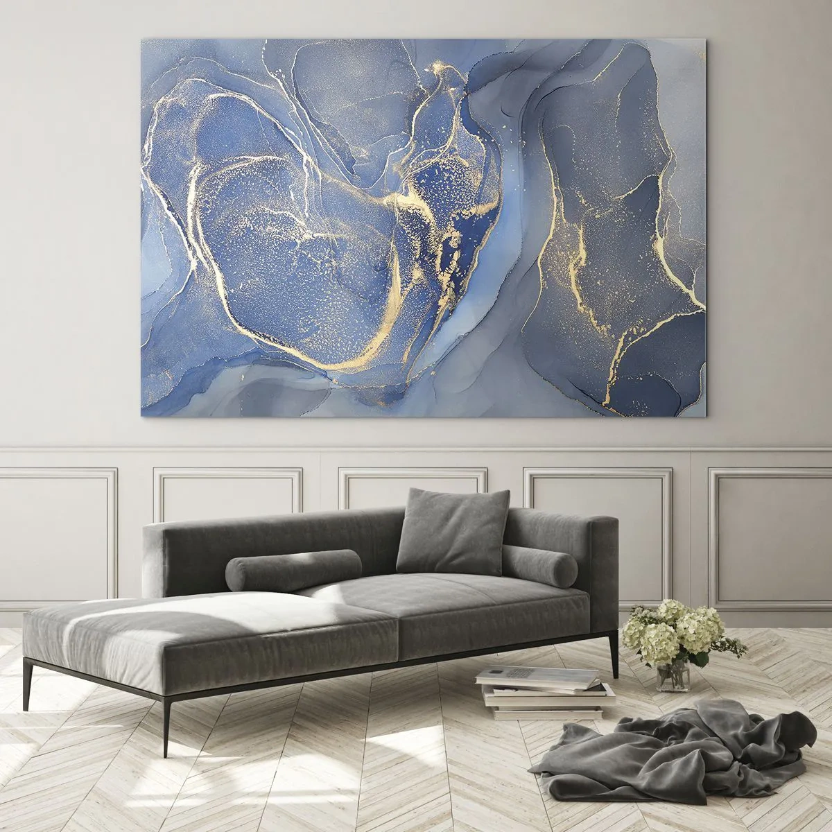 Glass picture - An abstract composition in shades of navy blue and gold - 70x50cm - Gold Dust - Modern wall decoration for the living room and bedroom ARTTOR