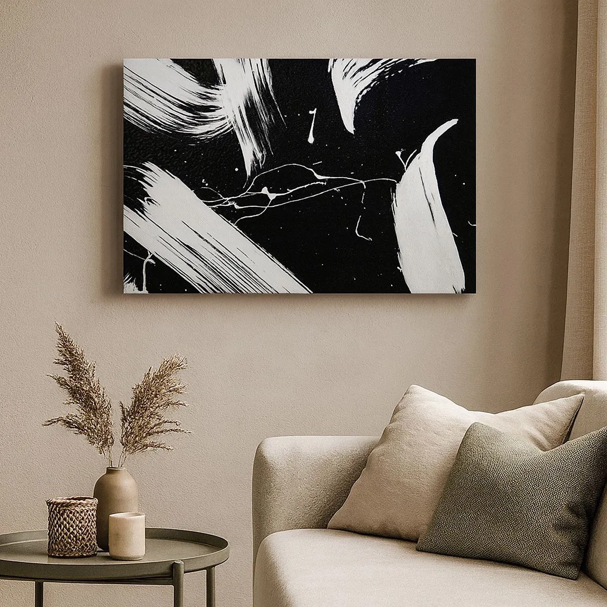 Canvas picture - Abstract white strokes on a black background - 70x50cm - Breaking the Darkness - Modern wall decoration for the living room and bedroom ARTTOR