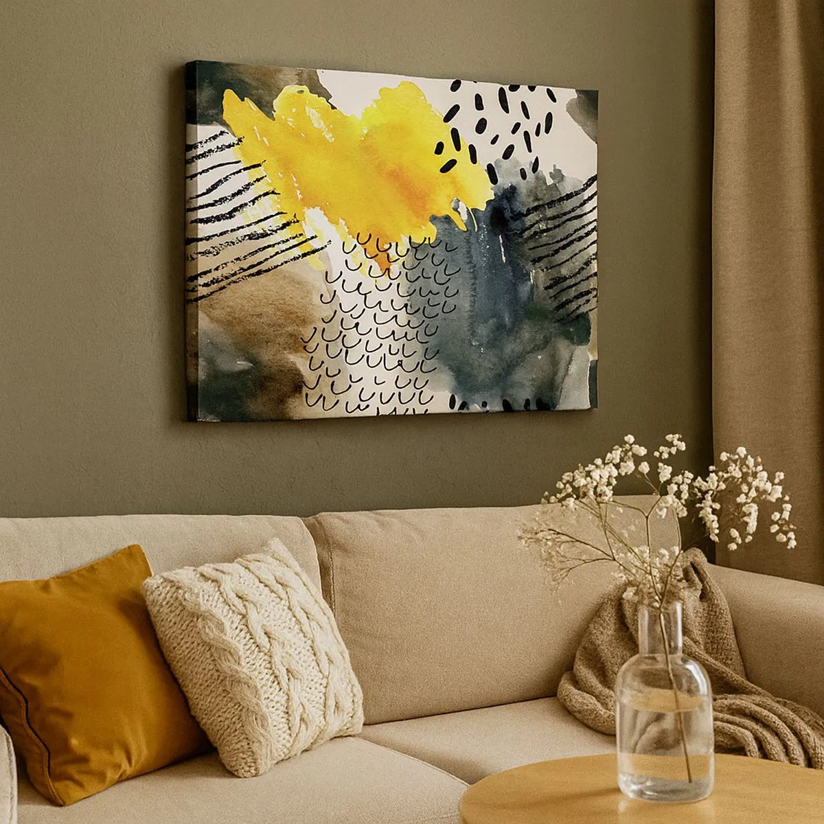 Canvas picture - An abstract composition with yellow accents and graphic patterns. - 70x50cm - Meeting of Elements - Modern wall decoration for the living room and bedroom ARTTOR