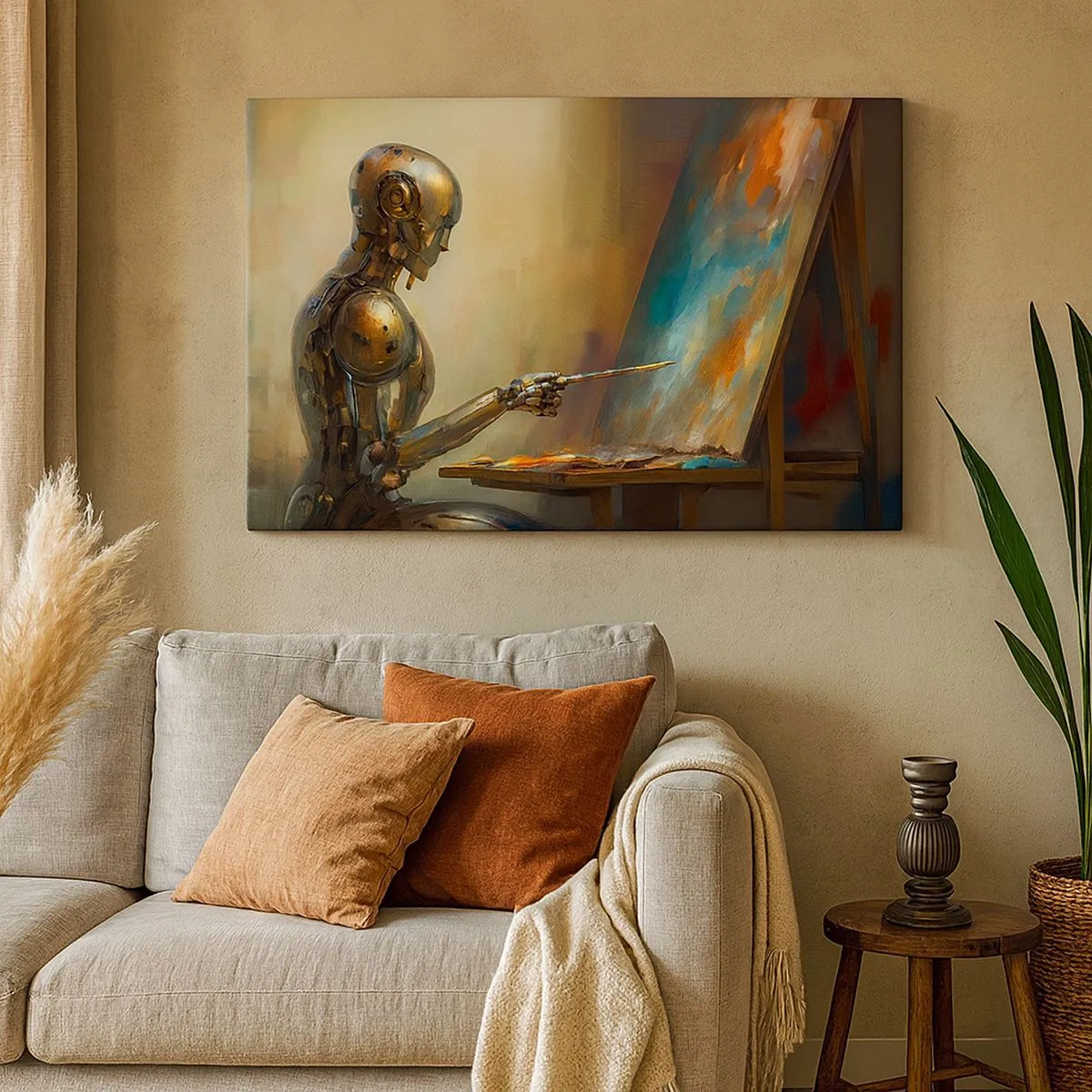 Canvas picture - A robot painting on a canvas in an artistic style - 70x50cm - Art of the Future - Modern wall decoration for the living room and bedroom ARTTOR