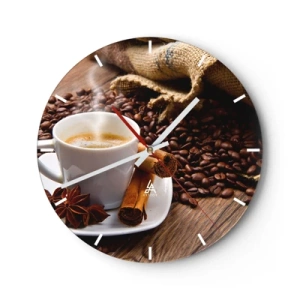 Wall clock - Clock on glass - cup of coffee with spices and coffee beans - 30x30cm - Spicy Flavour and Aroma - Modern wall decoration for the living room, kitchen, and bedroom ARTTOR
