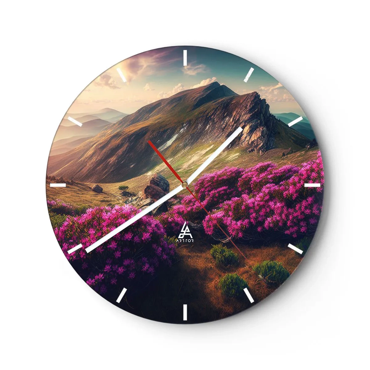 Wall clock - Clock on glass - Summer mountain landscape with purple flowers and sunset - 30x30cm - Summer in the Mountains - Modern wall decoration for the living room, kitchen, and bedroom ARTTOR